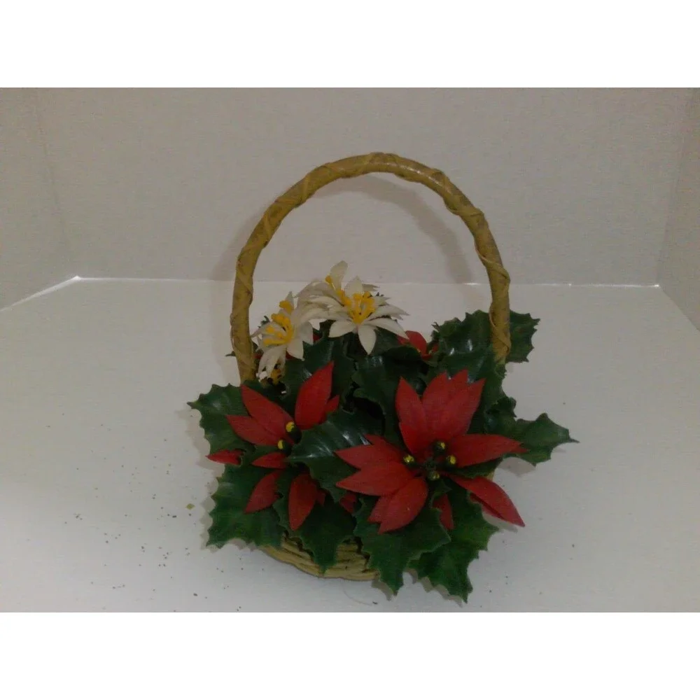 Vintage 1960s Poinsettias Arrangement in Wicker Basket Plastic 8 inch